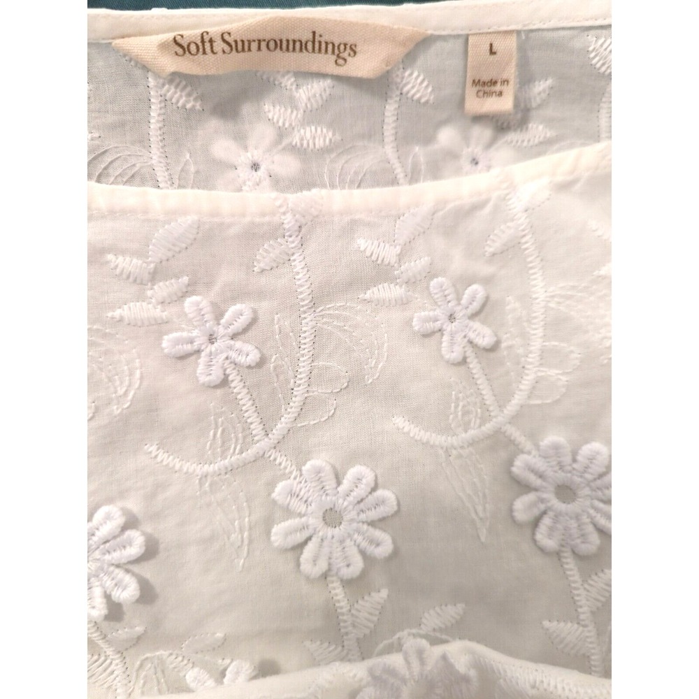 Soft Surroundings Blouse Tunic L Embroidered White Bishop Sleeves Boho Chic Glam - Picture 6 of 12
